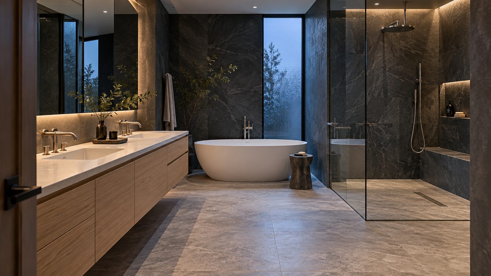 Spa-style primary bathroom with freestanding tub